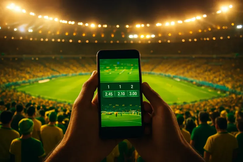 Mãos com smartphone exibindo odds ao vivo no Maracanã lotado à noite