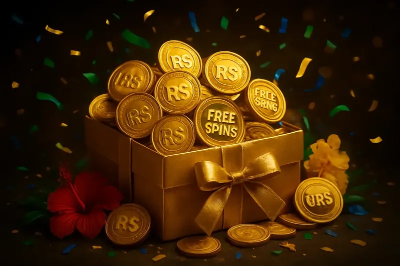 Caixa presente dourada com moedas de Real, fichas e confete de Carnaval