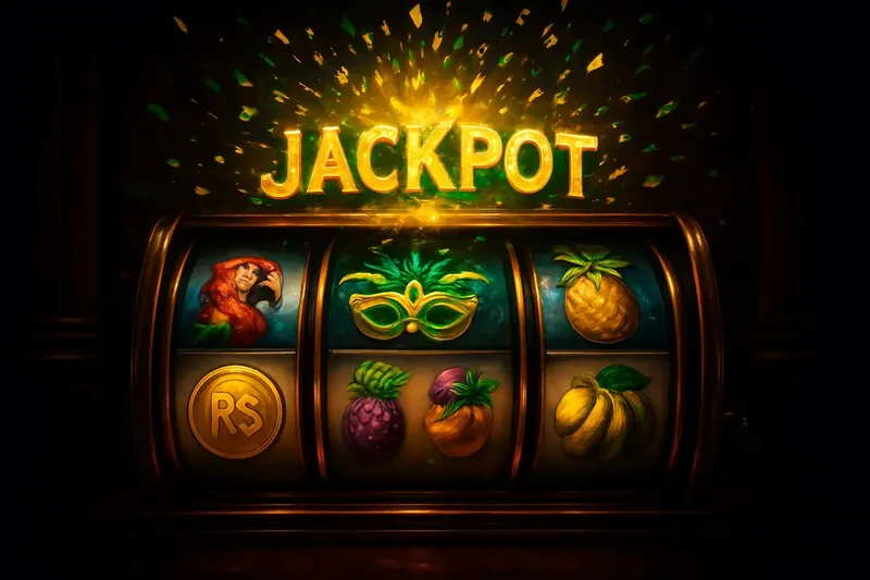 Caça-níqueis brasileiro com símbolos tropicais, jackpot e confetes verde e amarelo