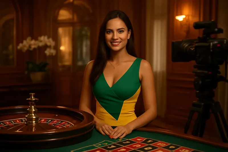Estúdio de cassino ao vivo com dealer brasileira na roleta luxuosa