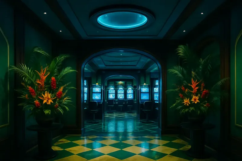 Lobby de cassino elegante com decoração tropical brasileira e telas de jogos