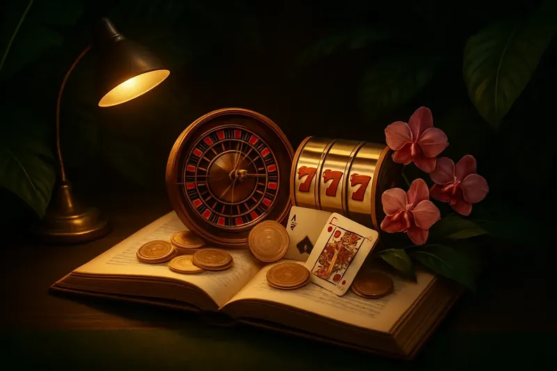 Livro aberto brilhante com roleta, caça-níqueis, blackjack e moedas de real