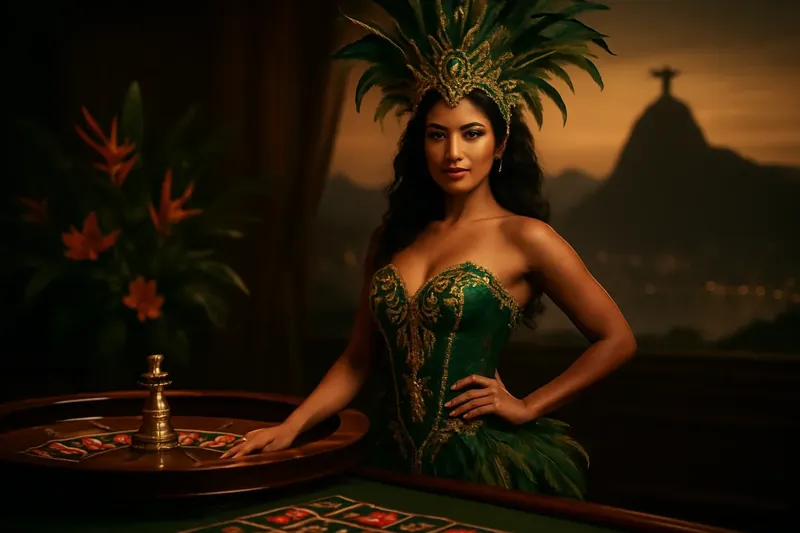 Mulher brasileira elegante ao lado da roleta com Rio e Cristo ao fundo