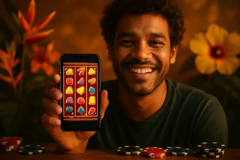 Jogador brasileiro segurando smartphone com slot online, flores tropicais e fichas
