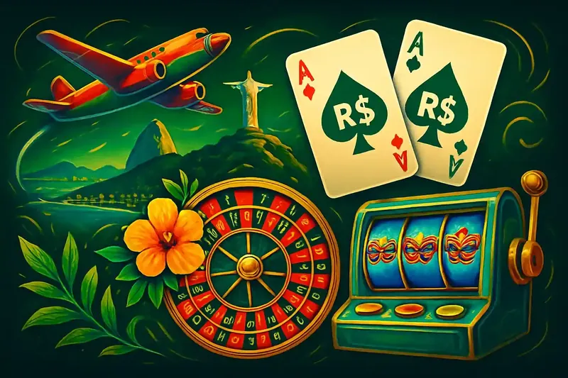 Colagem de jogos de cassino brasileiros com Rio, roleta, blackjack e slots