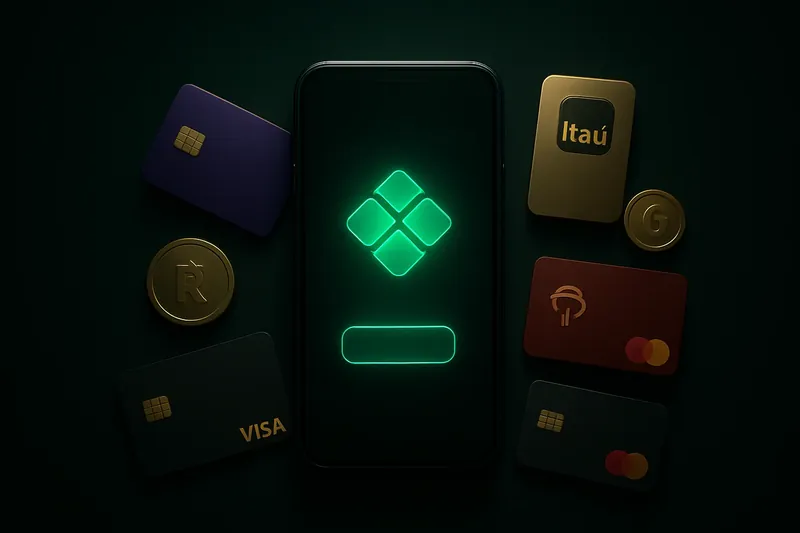 Smartphone com depósito instantâneo, cartões e moedas de Real em 3D
